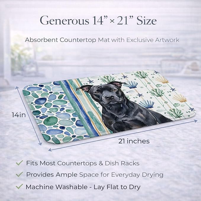 Caroline's Treasures Black American Staffordshire Terrier Coastal Sea Glass Dish Drying Mat Absorbent Dish Drying Mat Pad for Kitchen Counter Dish Drainer Mat for Countertop 14 x 21 Multicolor
