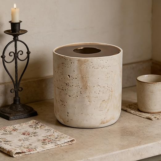Natural Travertine Textures Mini Trash Can with Rose Gold Stainless Steel Lid Mini Countertop Trash Can for Bathroom Kitchen Desk or Table top Mini Garbage Can Resin Tiny Waste Basket for Vanity