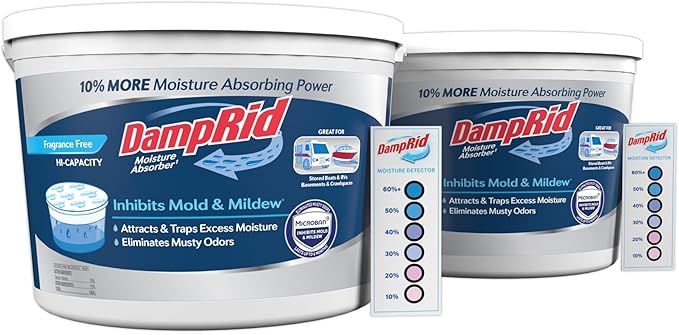 DampRid Hi-Capacity Moisture Absorber Bucket Fragrance Free 2 lb. 15.5 oz. &amp Moisture Detection Strip (2 Pack) Attracts &amp Traps Excess Moisture