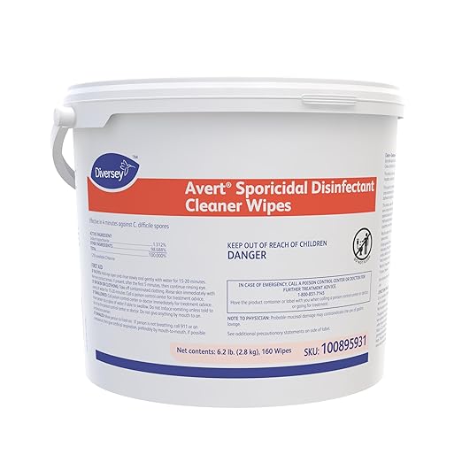 Diversey 100895931 Avert Sporicidal Disinfectant Cleaner Hospital Grade Kills C. Difficile Spores Extra Large Size Wipes 160-Wipes 1-Bucket