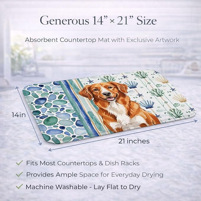 Caroline's Treasures Orange Nova Scotia Duck Tolling Retriever Coastal Sea Glass Dish Drying Mat Absorbent Dish Drying Mat Pad for Kitchen Counter Dish Drainer Mat for Countertop 14 x 21 Multicolor