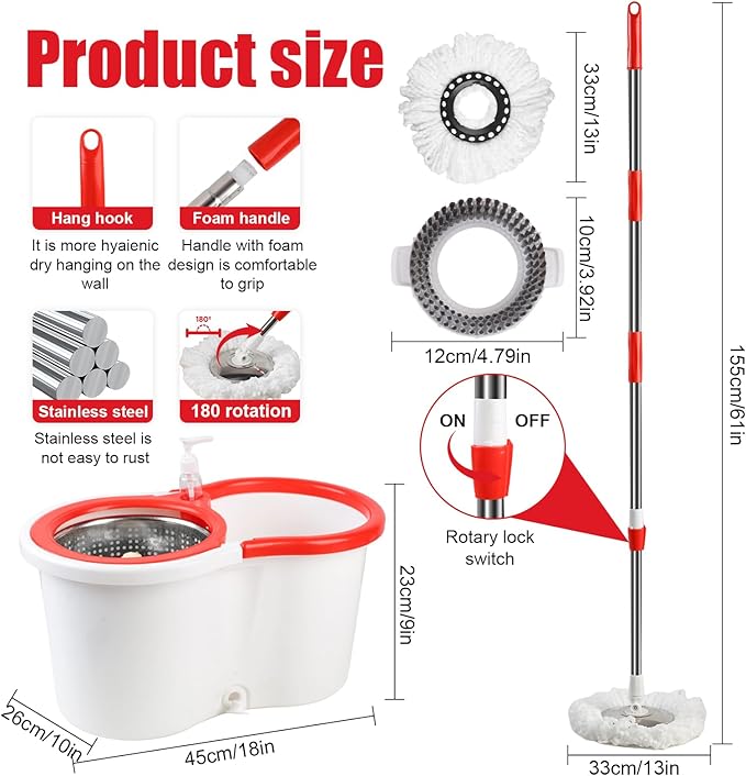 Spin Mop and Bucket with Wringer Set 360° Spinning Mop Bucket System with 6 Microfiber Mop Replacement Heads and 61 Stainless Steel Adjustable Handle for Floor Cleaning (20QT)