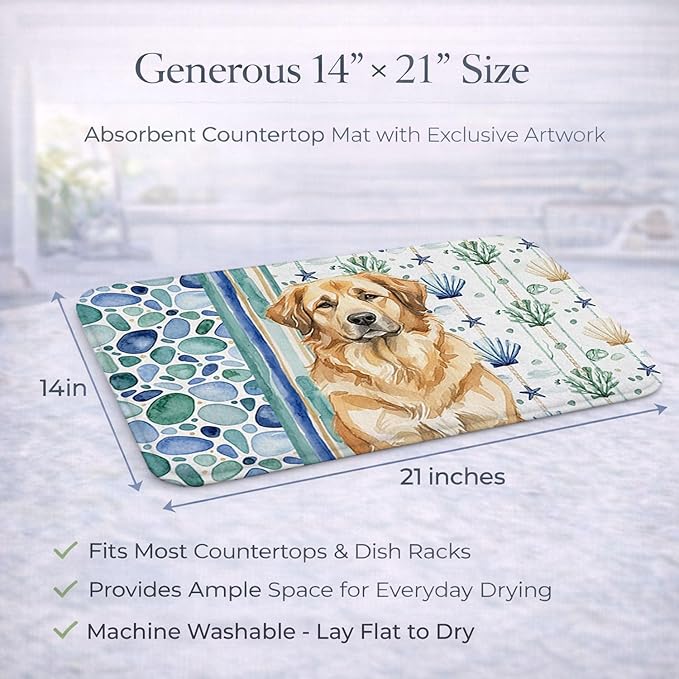 Caroline's Treasures Sandy Leonberger Coastal Sea Glass Dish Drying Mat Absorbent Dish Drying Mat Pad for Kitchen Counter Dish Drainer Mat for Countertop 14 x 21 Multicolor