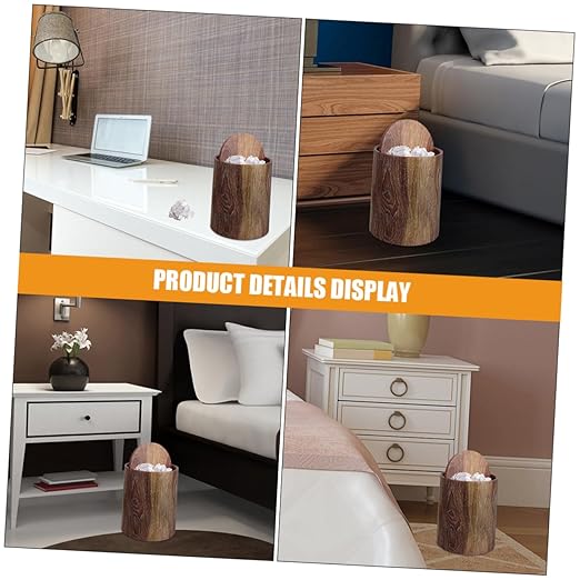 VOSAREA Wastebasket Swing Lid Imitation Wood Grain Plastic Home Office Bedroom Trash Bin Easy to Clean Modern