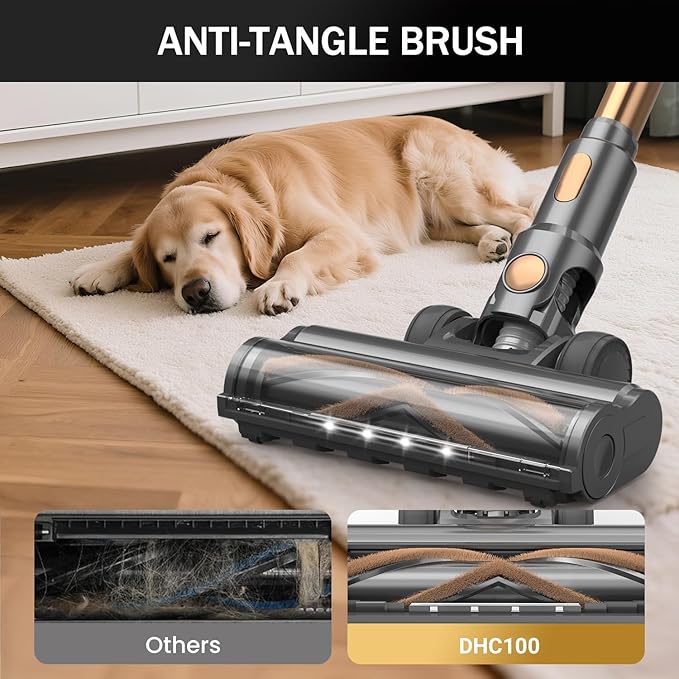 Cordless Vacuum Cleaner 10-in-1 Lightweight Stick Vacuum with 45mins Runtime Powerful Suction LED Touch Screen Rechargeable Vacuum Cleaners for Home Hardwood Floor Carpet Pet Hair (Gold)