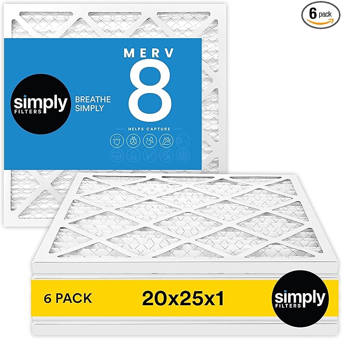 Simply 20x25x1 Air Filter Merv 8 6 Pack For Home AC Furnace &amp HVAC (Actual Size: 19.75x24.75x0.75) DUST Pet &amp Allergy Control
