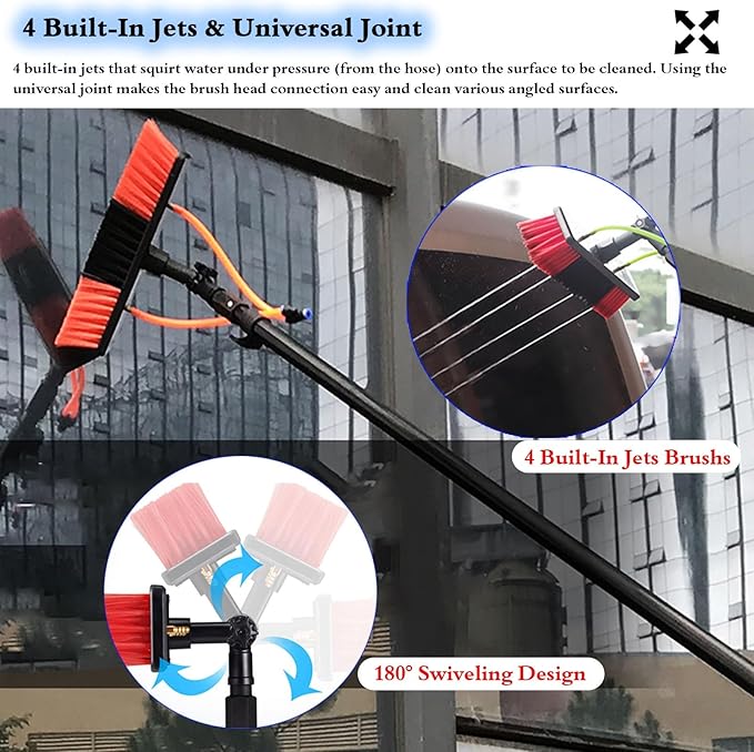 High Window Cleaning Brush with Telescoping Rod Water Fed Pole Solar Panel Cleaner System for House Siding/Trucks Glass 180° Rotatable Head 17.7ft Reach