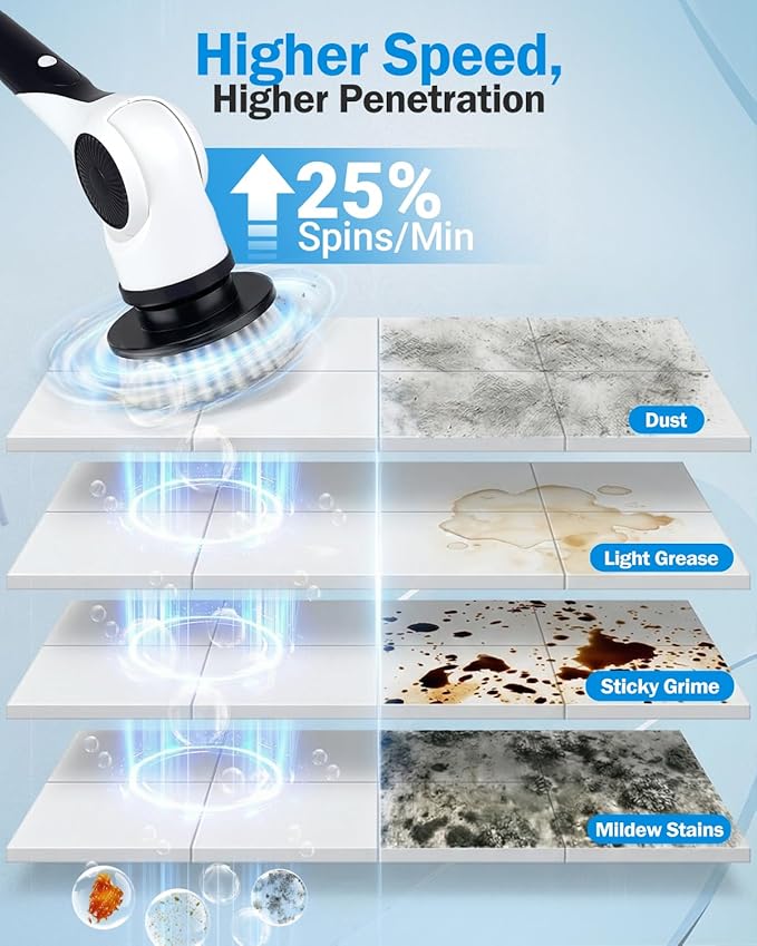 Electric Spin Scrubber 3-Speed Cordless Shower Scrubber with 90° Adjustable &amp 10 Replaceable Brush Heads 90 Mins Runtime &amp Full-Body IPX7 Waterproof Shower Cleaner Brush with Long Handle