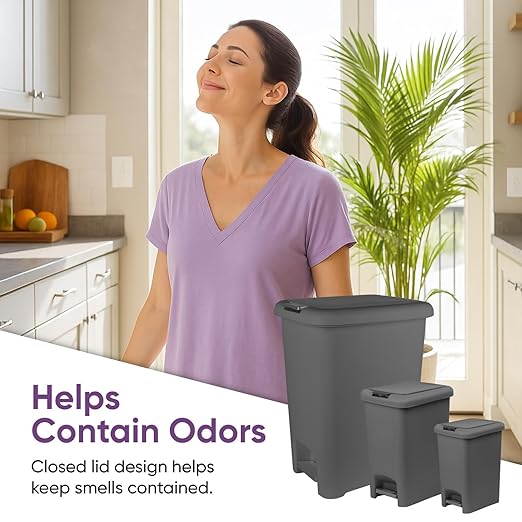 Superio 6.5L 10L and 48L Slim Step &amp Push Trash Cans - 3 Pack Dual Opening Smooth Matte Finish Durable Plastic - Grey