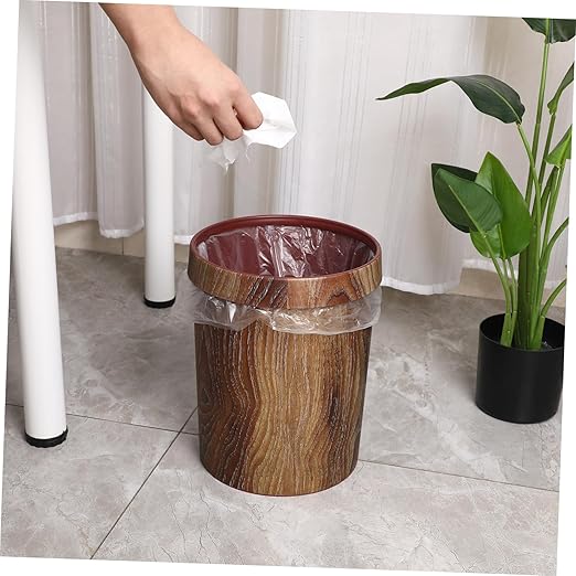 Vintage Wood Grain Wastebasket Small Trash Can with Pressure Ring Design for Kitchen Bathroom Bedroom Living Room Storage