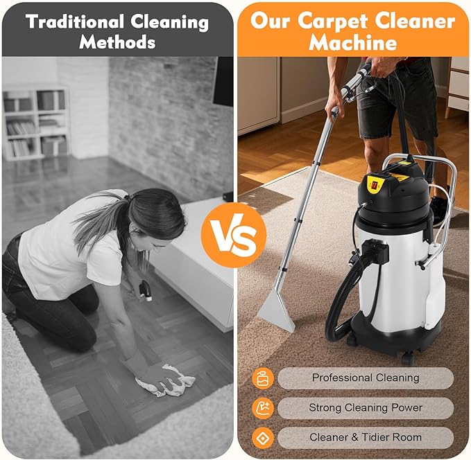 Stainless Steel Commercial Carpet Cleaning Machine 40L/10.56Gal Industrial Extractor with 1049W Power &amp 230mbar Suction Industrial Carpet Cleaner Vacuum for Sofa Curtains &amp Carpets