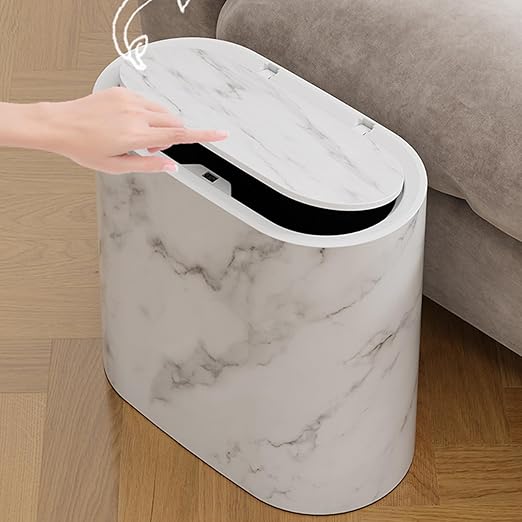 Waste Basket for Bathroom with Lids Plastic Marble Wood Pattern Trash Can Small Garbage Bin with Lid for Bathroom Narrow Waste Basket Modern Waste Basket for Home (White-11.6 * 11.2'')
