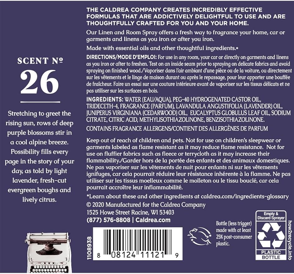 Caldrea Linen And Room Spray Air Freshener Made With Essential Oils Plant-Derived And Other Thoughtfully Chosen Ingredients Lavender Cedar Leaf Scent 16 Oz