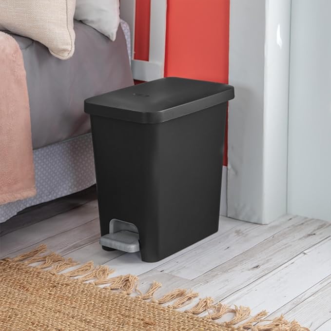 Sterilite 2.7 Gallon Rectangular StepOn Wastebasket with Lid Small Plastic Trash Can for the Bathroom Bedroom or Home Office Pedal and Liner Black 2-Pack