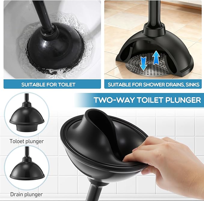 2 Pack Toilet Plunger with Holder 21.5-Inch Commercial Grade Heavy-Duty Plunger Set with Storage Base Professional Bathroom Maintenance Tool Black