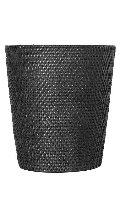 KOUBOO Loma Round Rattan Paper Waste Basket Trash Can Bathroom Garbage Bin Bedroom Kitchen Office Home Desk Small Wicker Bin for Waste Paper Black