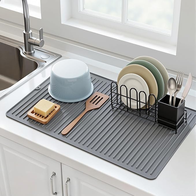 Songrey 28 x 18 Silicone Dish Drying Mat Kitchen Counter Drying Pad for Sink Dishes or Under Rack Multi-Use as Heat Resistant Trivet Coffee Bar Mat