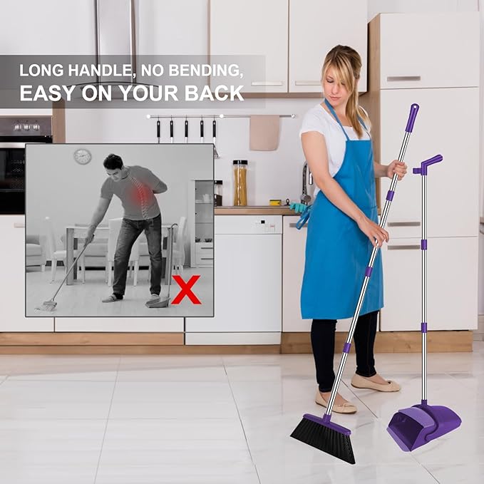 Purple Broom with Dustpan Combo Set 51 Long Handle Household Cleaning Tool Ideal Broom and Dustpan Set for Pet Hair and Home Use