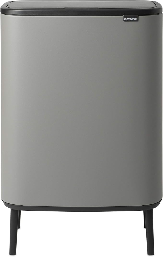 Brabantia Bo Hi Touch Top Kitchen Trash Can with Single Compartment &amp Raised Legs | Mineral Concrete Gray | 16 Gal Inner Bucket | Soft-Close Light Touch Opening Stay-Open Lid | + Trash Bags