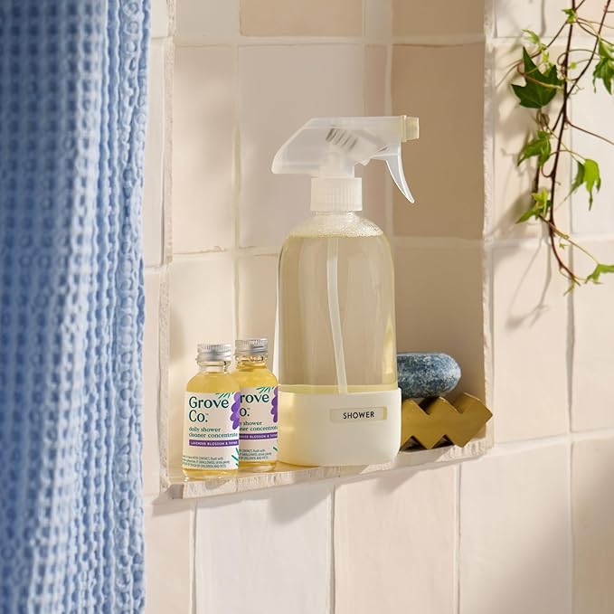 Grove Co. Daily Shower Cleaner Refill Concentrate (2 x 1 Fl Oz) + 1 x Reusable Glass Spray Bottle (16 Oz) Plant-Based Cleaning Supplies Reduced Plastic Lavender Blossom &amp Thyme Fragrance