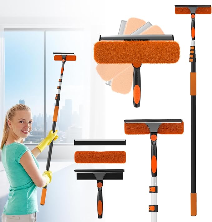 16FT Reach Window Squeegee Kit with Extension Pole 2-in-1 Professional Washer for High Windows 3-12FT Adjustable Reach Rotatable Head for Indoor &amp Outdoor Use Streak-Free Cleaning Tool for Hom