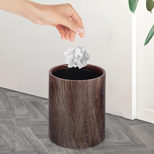 Round Trash Can Imitation Wood Grain 8L Bathroom Wastebasket Multi-Use Trash Bin for Home Kitchen Living Room Office