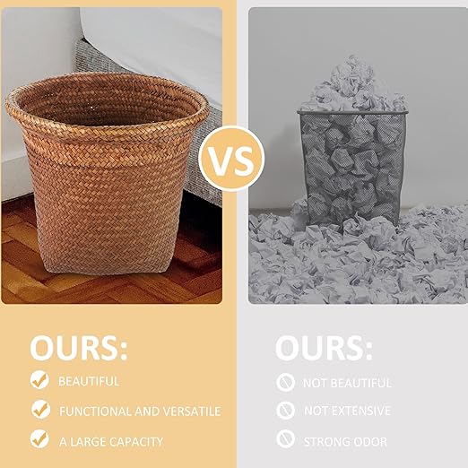 Homoyoyo Straw Woven Wastebasket Large Round Decorative Trash Can Bin for Bedroom Bathroom Home Office Smooth Edges Lightweight Paper Basket for Easy Waste Disposal Functional Storage
