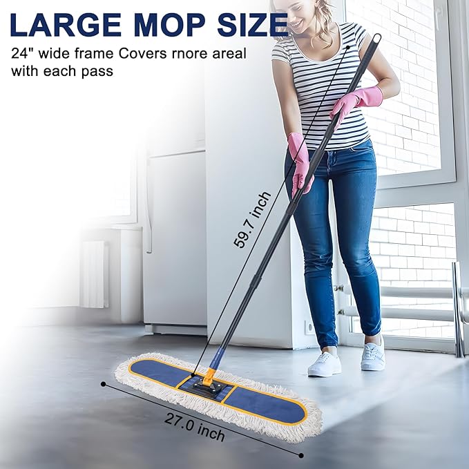 24 Commercial Dust Mop for Floor CleaningHeavy Duty Floor Duster with 2 Cotton Reusable Mop Pads59” Long Handle Wet Dry Flat Mops for Hardwood FloorsMarble LaminateTileConcreteGarage (Blue)