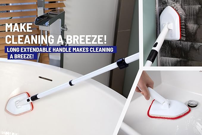 Shower Scrubber 3 in 1 Extendable Long Handle 58 Cleaning Brush - Non Scratch Shower Brush for Cleaning Bathroom Kitchen Toilet Wall Tub Tile Sink (Red)
