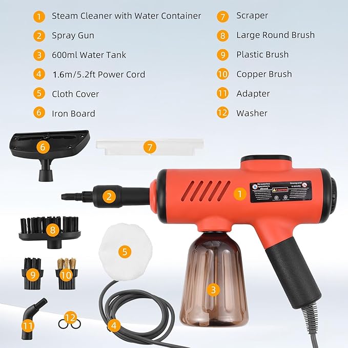 Handheld Steam Cleaner 1500W Portable Steamer for Cleaning with 600ml Removable Tank &amp 7 Accessories - Adjustable 3-Temperature Control Fast Heating &amp Deep Cleaning for Home (US plug)