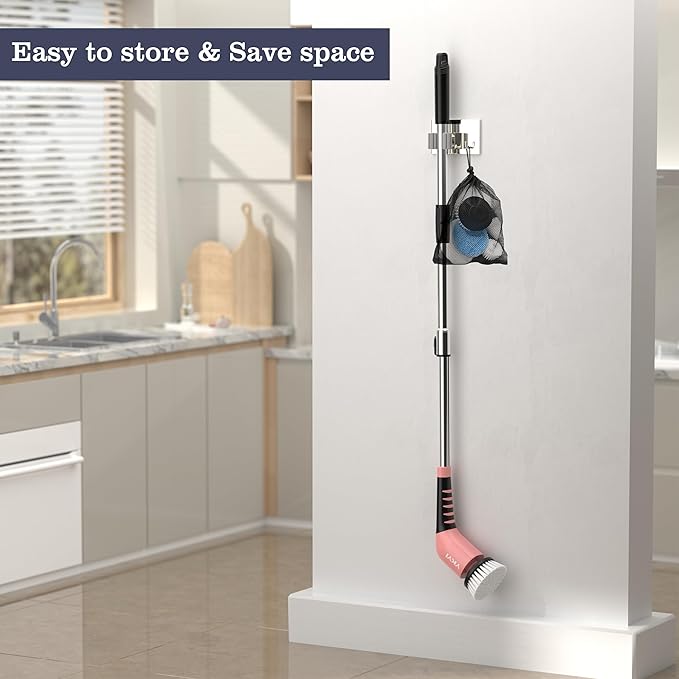 YKYI Electric Spin Scrubber-Cordless Power Scrubber with 8 Brush Heads 3 Speeds &amp Adjustable Long Handle IPX7 Waterproof Shower Cleaning Brush for Bathroom Tile Bathtub Grout Kitchen(Pink)