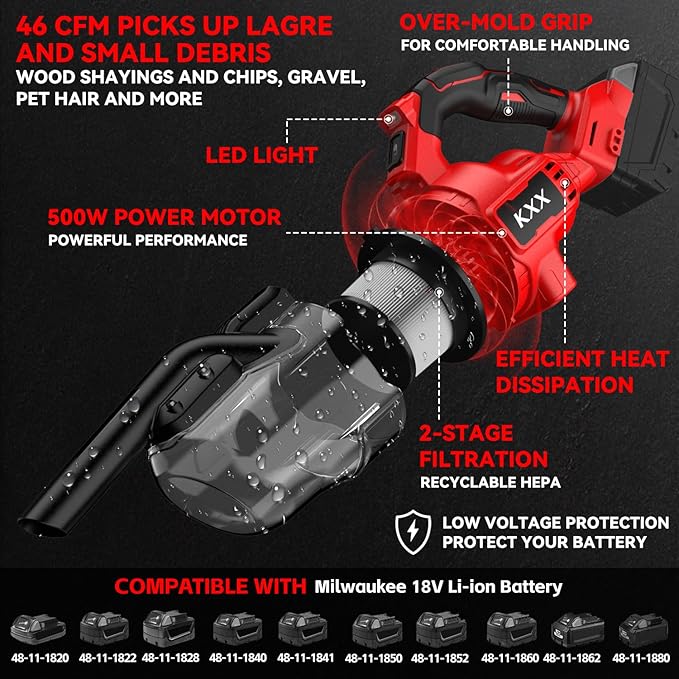 KXX Cordless Vacuum for Milwaukee M18 Battery 5 in 1 Handheld Electric Vacuum Cleaner with 500W Powerful Motor 46 CFM Portable Hand Vacuum with Filtration HEPA for Floor Carpet Car (Tool Only)