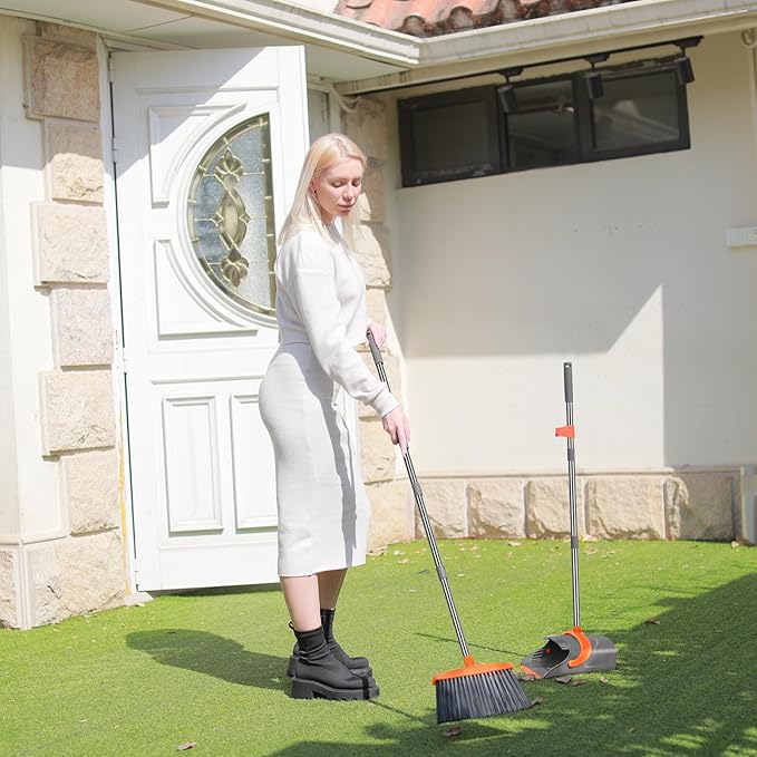 Broom and Dustpan Set for Home Broom and Dustpan Combo for Office Long Handle Broom with Upright Standing Dust panIndoor&ampOutdoor Sweeping (Gray&ampOrange)