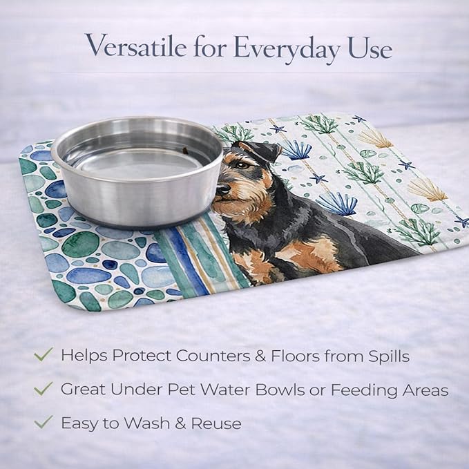 Caroline's Treasures Black and Tan Lakeland Terrier Coastal Sea Glass Dish Drying Mat Absorbent Dish Drying Mat Pad for Kitchen Counter Dish Drainer Mat for Countertop 14 x 21 Multicolor