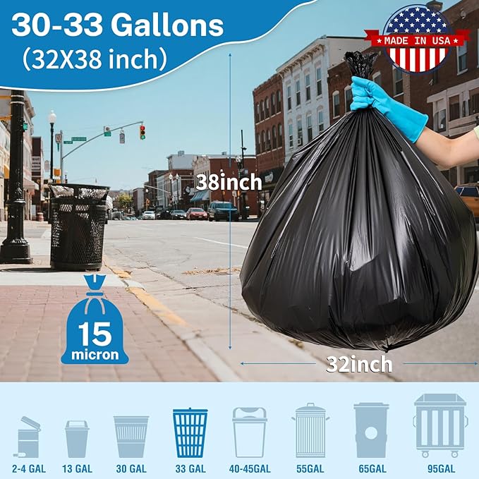 IUI 30-33 Gallon Trash Bags 250 Count 32 x 38 Black Garbage Bags for Home Kitchen Waste Lawn and Leaf Durable &amp Tear-Resistant Made in USA