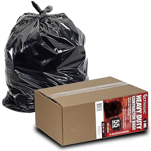 Ultrasac Heavy Duty 55 Gallon Contractor Bags - (40 Count 3 MIL) - 38 x 58 - Large Black Plastic Trash Can Liners - 55-60 Gal Garbage Bag Drum Liners for Outdoor &amp Contractors