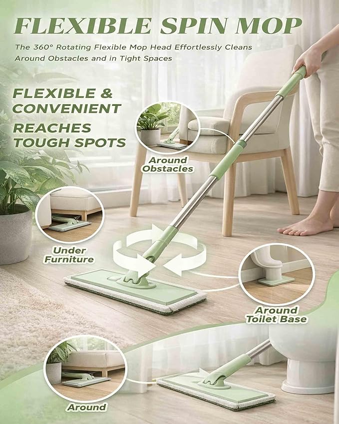 Disposable Dust Mop 28/36in No Wash Lazy Mop Wet and Dry Snap Grip Mini Mop 360° Zero Touch Mini Mops Convenient Automatic Cloth Changing Mops with 5 Reusable Cloths for Home (White 28in)