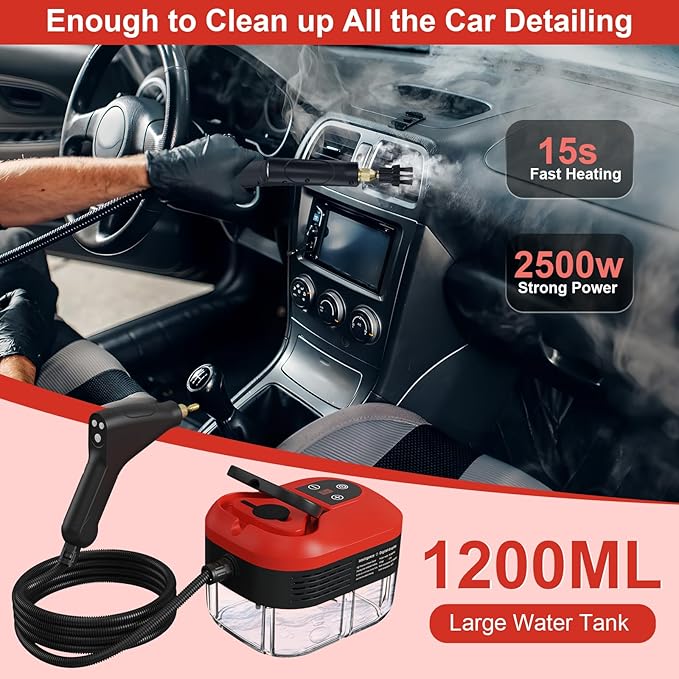 Steam Cleaner for Home 15s Heat-Up 1.2L Water Tank 6-Level Adjustable Handle Handheld Steam Cleaner for Car Detailing Dirt Furniture Couch Floor Tile Bathroom Bed Bugs 9Pcs Accessories