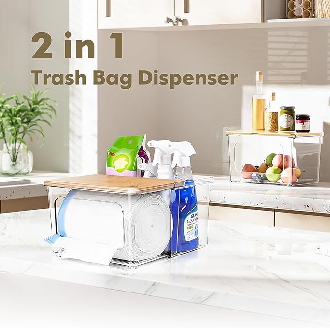 Trash Bag Dispenser Under Sink Organizer 2-in-1 Acrylic Trash Bags Holder with Bamboo Lid Holds Large Rolls up to 100 Count Garbage Bag Storage Container for Kitchen Pantry Laundry Room
