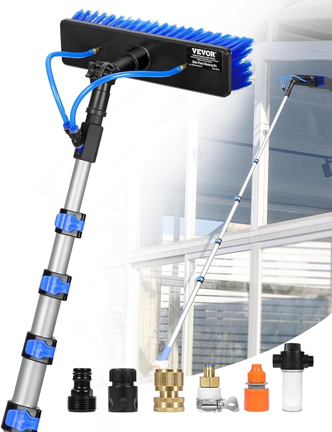 VEVOR Water Fed Pole Kit 24FT Solar Panel Cleaning Pole with Extendable Handle 180° Rotatable Brush Head &amp 65.6FT Hose Household &amp Outdoor Window Cleaner Tool for Caravan Solar Panel Deck