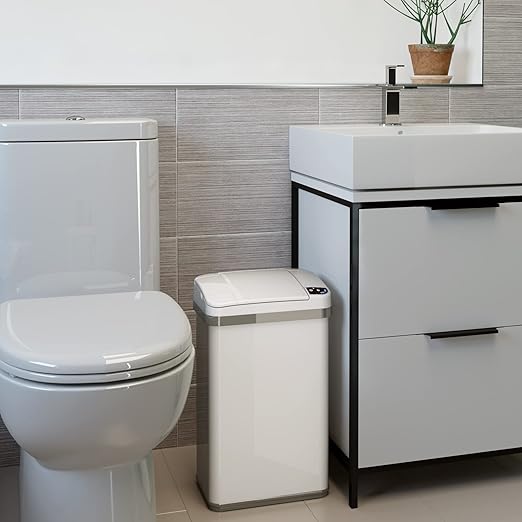 iTouchless 4 Gallon Bathroom Trash Can with Odor Control 15 L Automatic Motion Sensor Bin Soft-Close Stainless Steel Slim Wastebasket for Narrow Spaces White