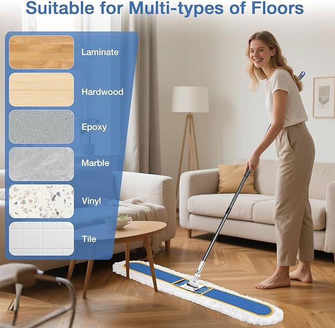 48 Commercial Industrial Dust Mop for Floor Cleaning Large Floor Dust Broom with Washable Mops Pads Wet Dry Duster Mops for Hardwood FloorsMarble Laminate Tile Concrete GarageBlue