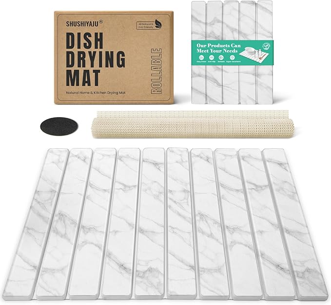 Stone Dish Drying Mat Collapsible Diatomaceous Earth Absorbent Mat Quick Dish Drying Pad Dish Rack Pad Match Any Counterto Multiple Usage for KitchenBathroom (White Marble Pattern 24L x 16W)