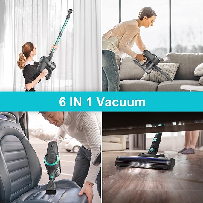 DEVOAC N300 Cordless Vacuum Cleaner 6 in 1 Lightweight Stick Vacuum 2200mAh Battery Up to 40mins Runtime Powerful Handheld Vacuum for Hard Floor Rug Pet Hair Home Dorm (Cyan)