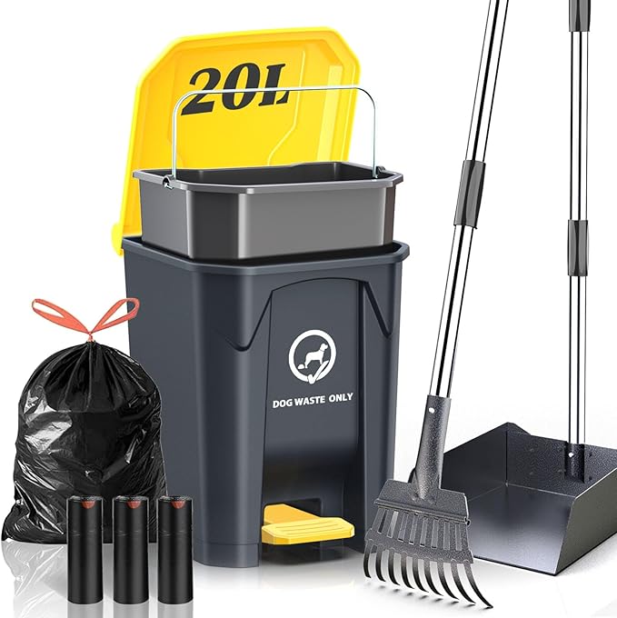 Outdoor Dog Poop Trash Can with Pooper Scooper &amp 60 Free Poop Bags -20 L/5.2 Gallon Dog Waste Trash Can Pet Waste Disposal Station with Inner Bucket - Metal Dog Pooper Scooper Great Dogs