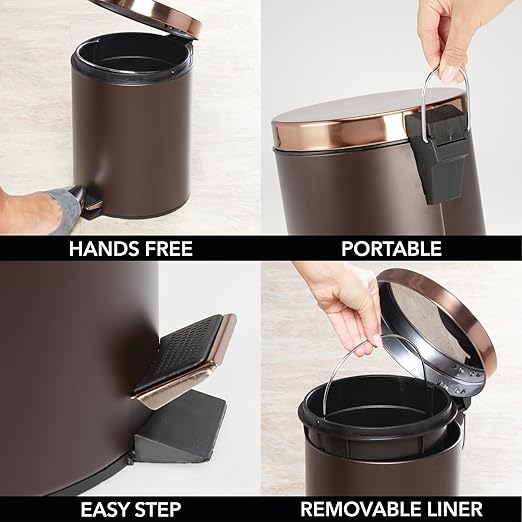 mDesign Pedal Bin - Metal Waste Bin with Pedal Lid and Plastic Bucket Insert - Perfect for Bathroom Kitchen and Office - Ergonomic Design - Bronze/Rose Gold