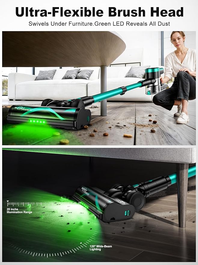 Cordless Vacuum Cleaner58kPa/10-in-1 Stick Vacuum with 29-inch Hose and LED Lighting Brush50Mins Runtime Vacuum Cleaner for HomeSelf-Standing Vacuum with Anti-Tangle Brush for Pet Hair/Carpet/Floor