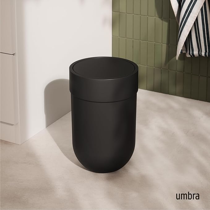 Umbra Touch Trash Can Small 1.6-Gallon Garbage Bin with Swing Lid Waste Basket for Bathroom or Office Black