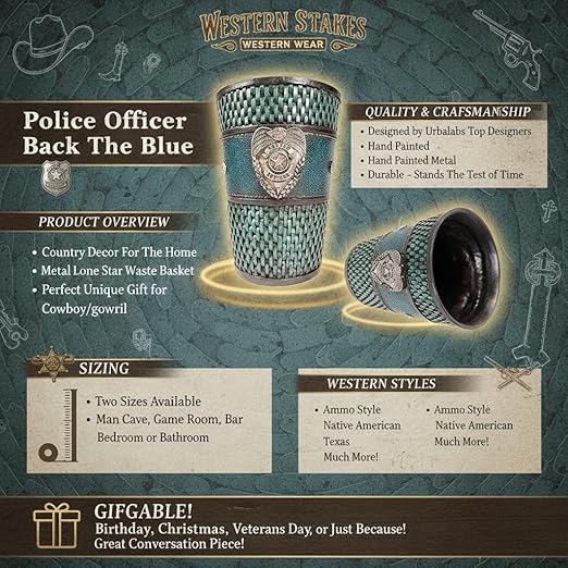 Urbalabs Police Officer Back The Blue Thatch Bathroom Trash Can Office Western Waste Basket Family Faith Cross Buckle Country Wastebasket Office Wire Garbage Can Cowboy Gun Decor Bathroom Decor