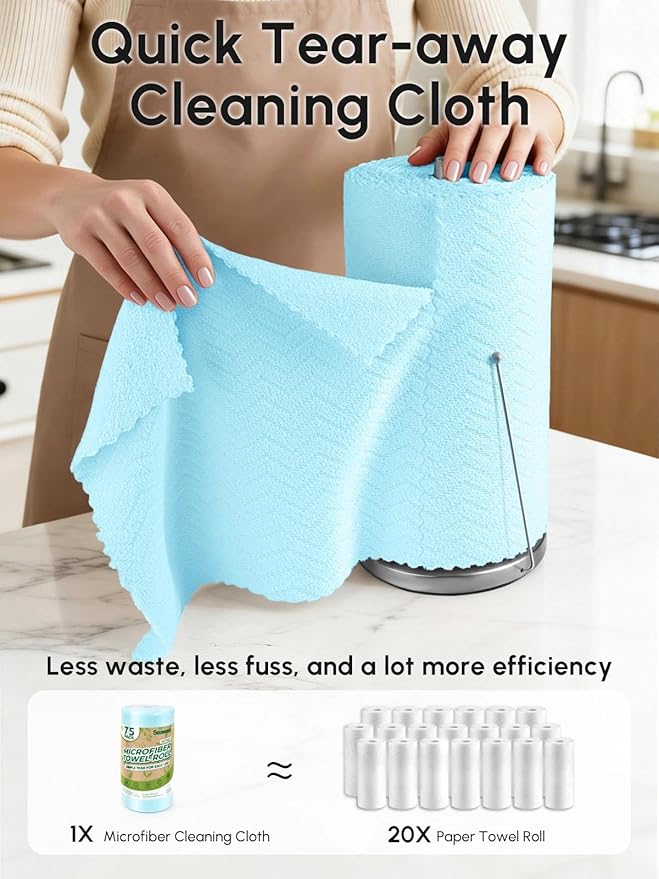 Microfiber Cleaning Cloths Roll 75 Pack Tear Away Microfiber Towels Roll 12 x 12 Lint Free Rags Reusable Cleaning Cloths Washable Scratch FreeUltra Absorbent Dish Rags(Blue Ripple)